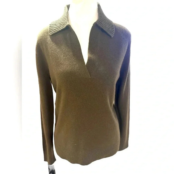 🆕 Theory Polo Collar 100% Soft Cashmere Pullover Sweater Small Olive - Picture 2 of 12